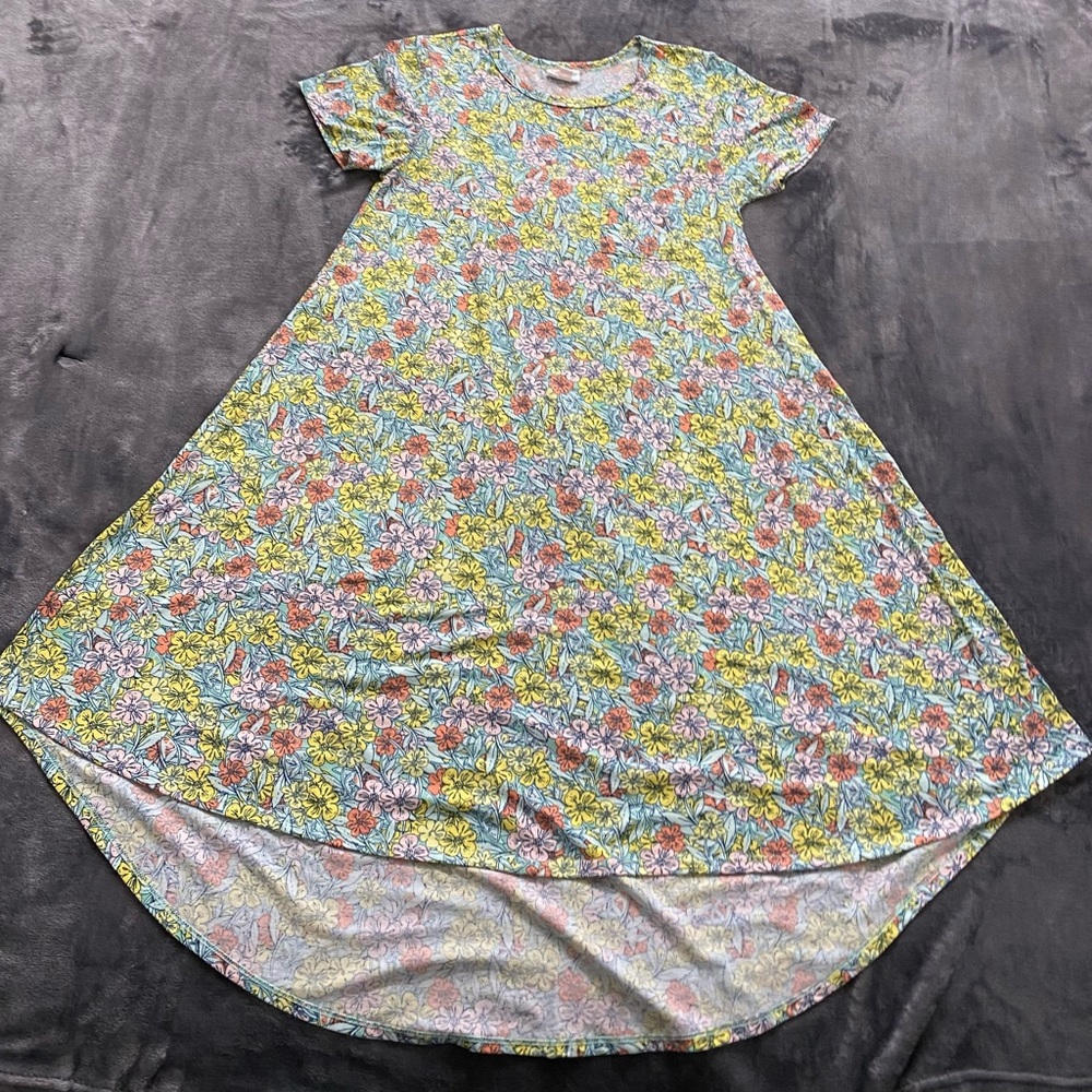 LuLaRoe Yellow Blue Orange Pink Floral Print Carly Swing Dress Size XS